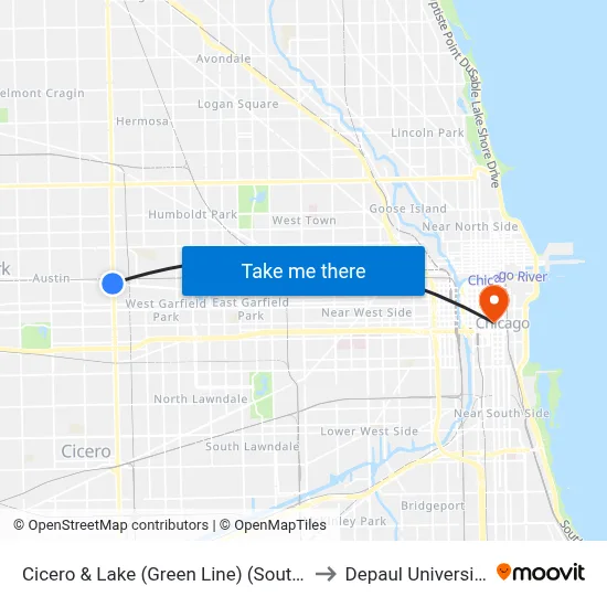 Cicero & Lake (Green Line) (South) to Depaul University map