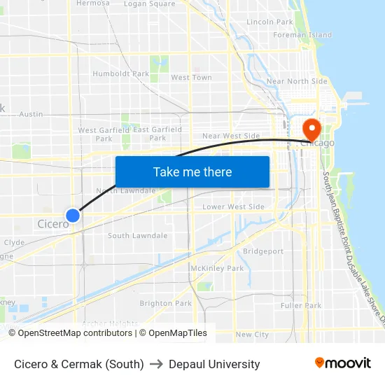 Cicero & Cermak (South) to Depaul University map