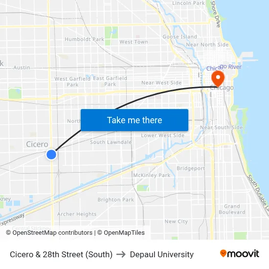Cicero & 28th Street (South) to Depaul University map