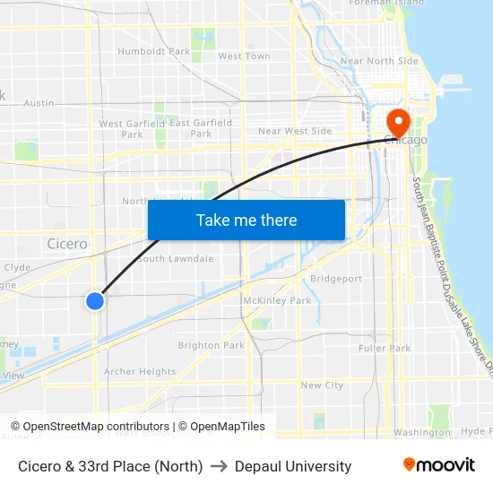 Cicero & 33rd Place (North) to Depaul University map
