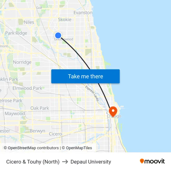 Cicero & Touhy (North) to Depaul University map