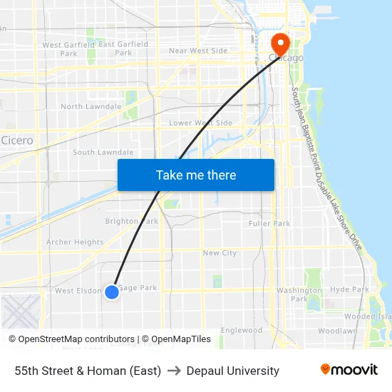 55th Street & Homan (East) to Depaul University map