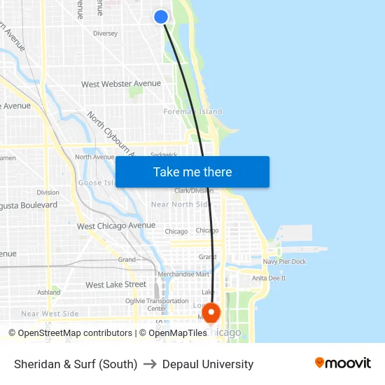 Sheridan & Surf (South) to Depaul University map