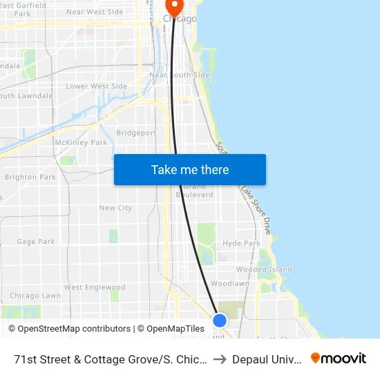 71st Street & Cottage Grove/S. Chicago (East) to Depaul University map