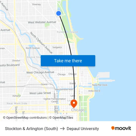 Stockton & Arlington (South) to Depaul University map