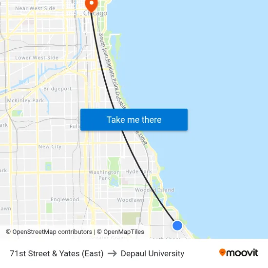 71st Street & Yates (East) to Depaul University map