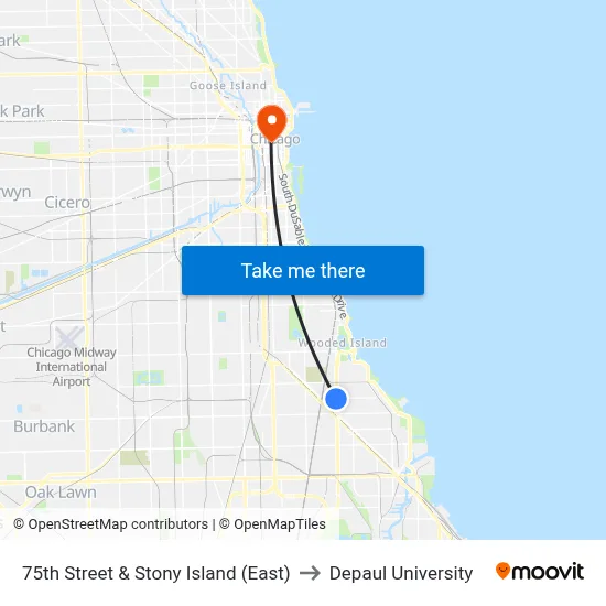 75th Street & Stony Island (East) to Depaul University map