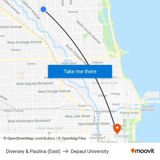 Diversey & Paulina (East) to Depaul University map