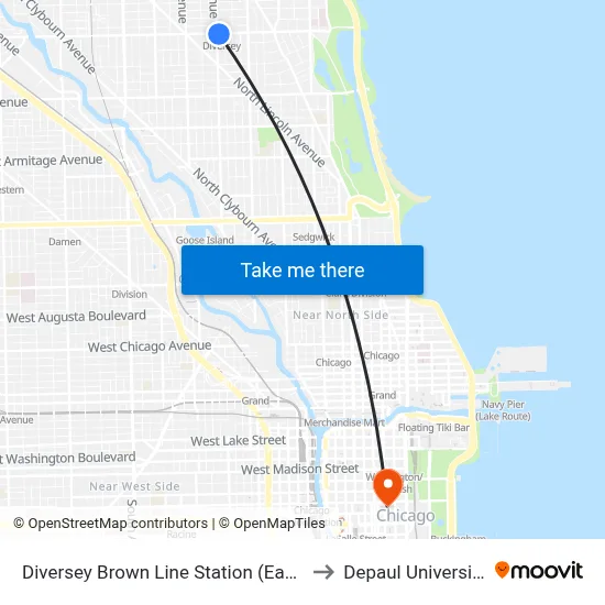 Diversey Brown Line Station (East) to Depaul University map