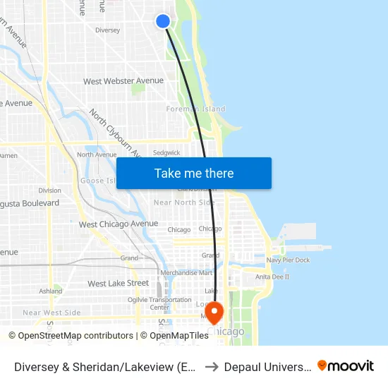 Diversey & Sheridan/Lakeview (East) to Depaul University map