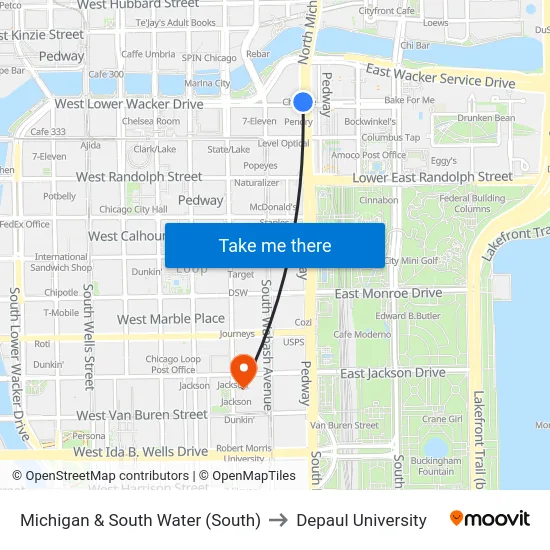 Michigan & South Water (South) to Depaul University map