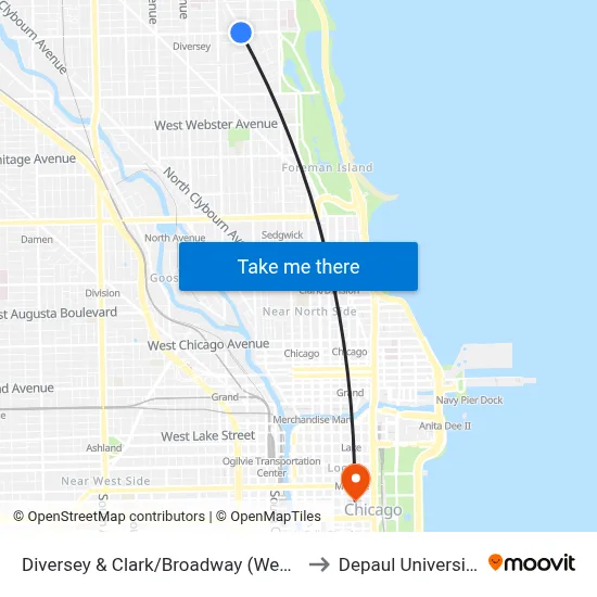 Diversey & Clark/Broadway (West) to Depaul University map