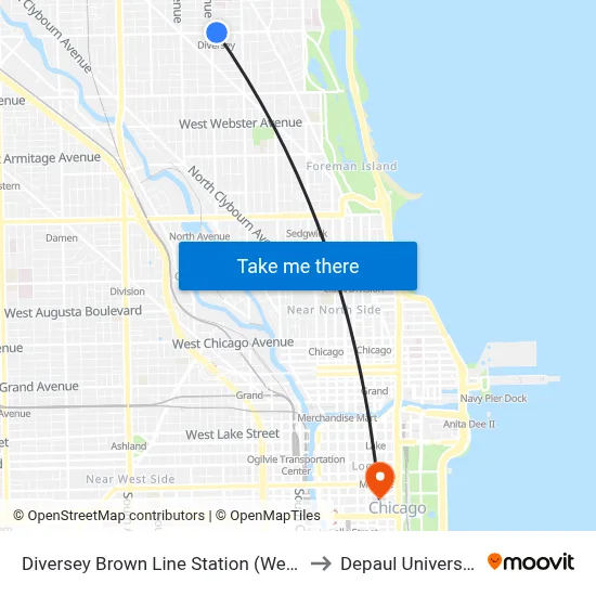 Diversey Brown Line Station (West) to Depaul University map