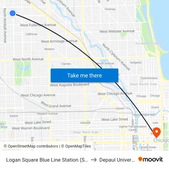 Logan Square Blue Line Station (South) to Depaul University map