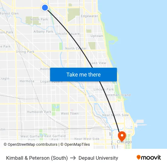Kimball & Peterson (South) to Depaul University map