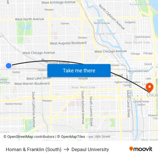 Homan & Franklin (South) to Depaul University map