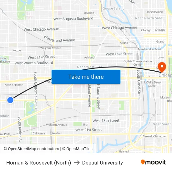 Homan & Roosevelt (North) to Depaul University map