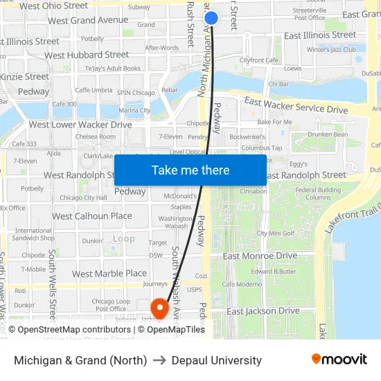 Michigan & Grand (North) to Depaul University map