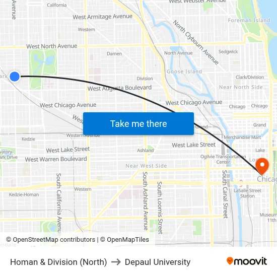 Homan & Division (North) to Depaul University map