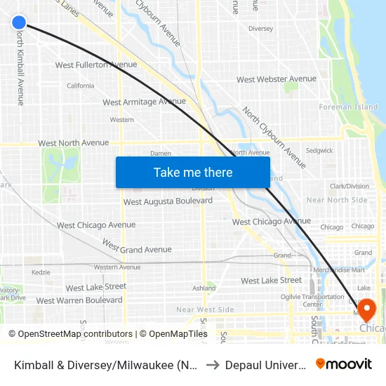 Kimball & Diversey/Milwaukee (North) to Depaul University map