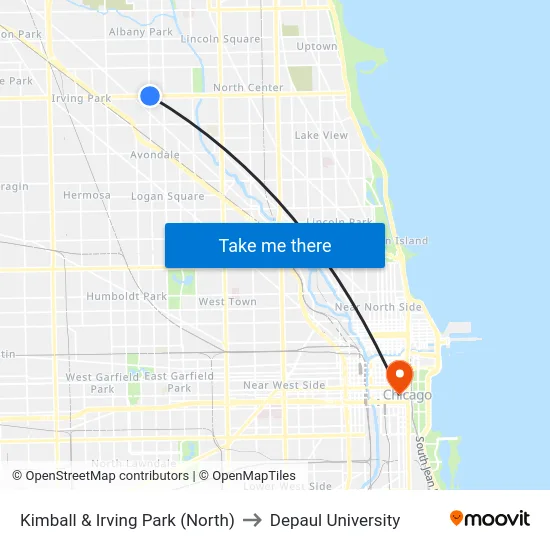 Kimball & Irving Park (North) to Depaul University map