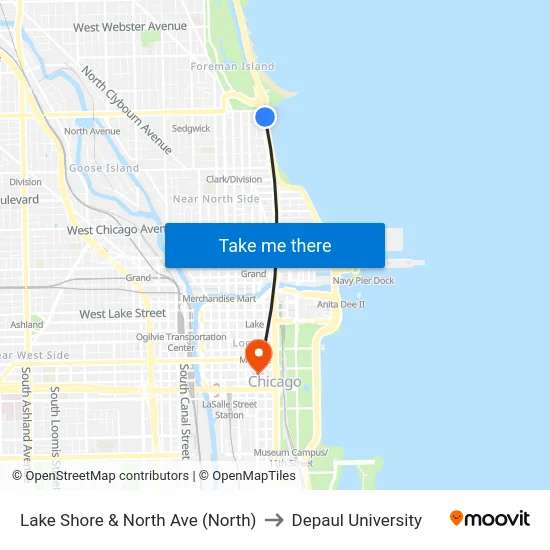 Lake Shore & North Ave (North) to Depaul University map