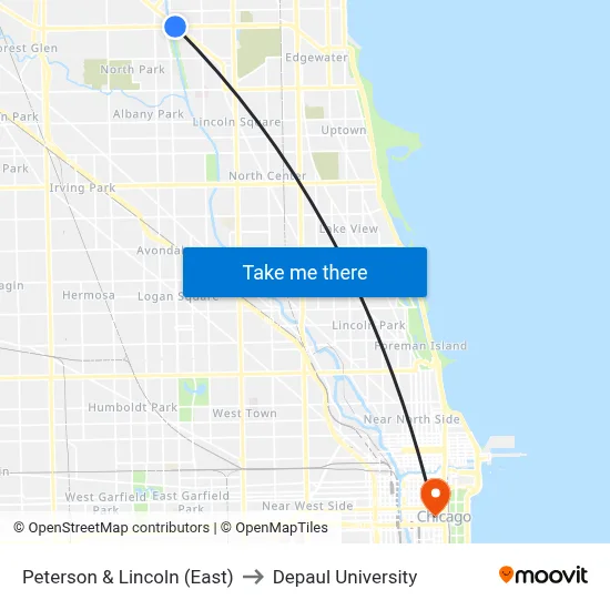 Peterson & Lincoln (East) to Depaul University map