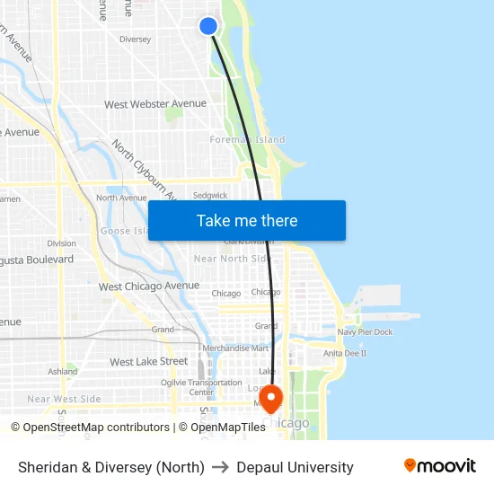 Sheridan & Diversey (North) to Depaul University map
