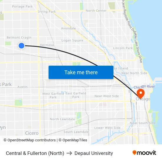 Central & Fullerton (North) to Depaul University map