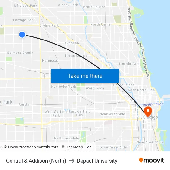 Central & Addison (North) to Depaul University map