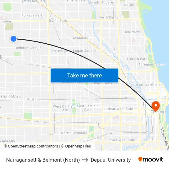 Narragansett & Belmont (North) to Depaul University map