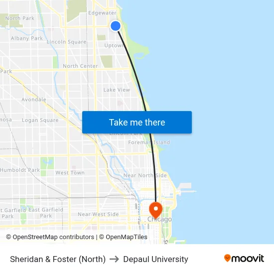 Sheridan & Foster (North) to Depaul University map