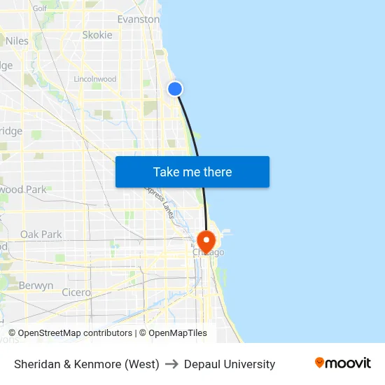 Sheridan & Kenmore (West) to Depaul University map
