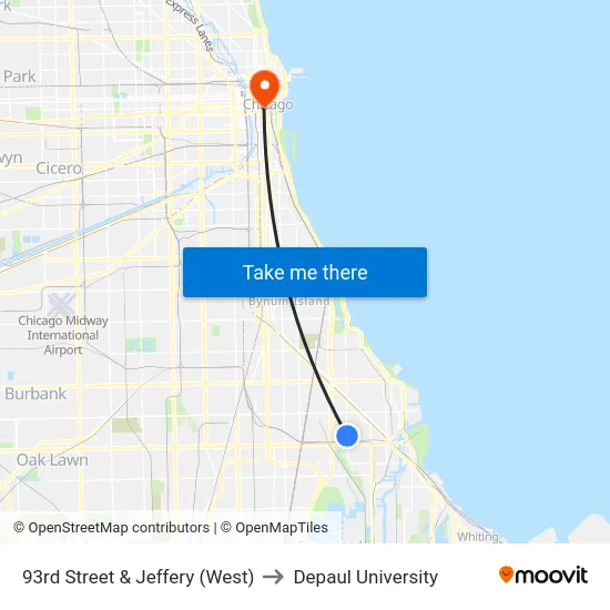 93rd Street & Jeffery (West) to Depaul University map