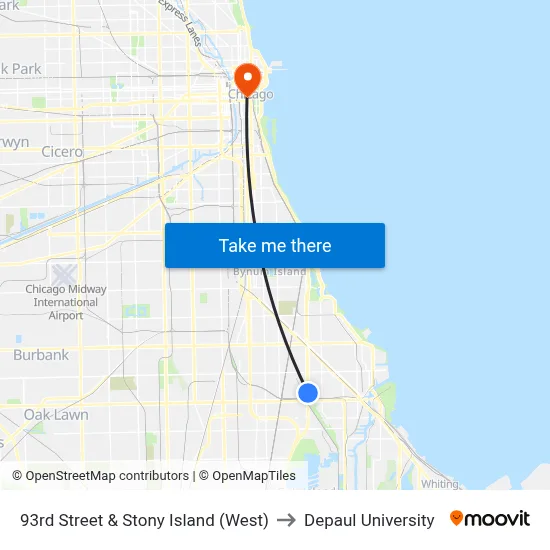 93rd Street & Stony Island (West) to Depaul University map
