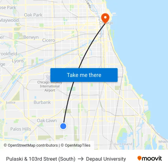 Pulaski & 103rd Street (South) to Depaul University map