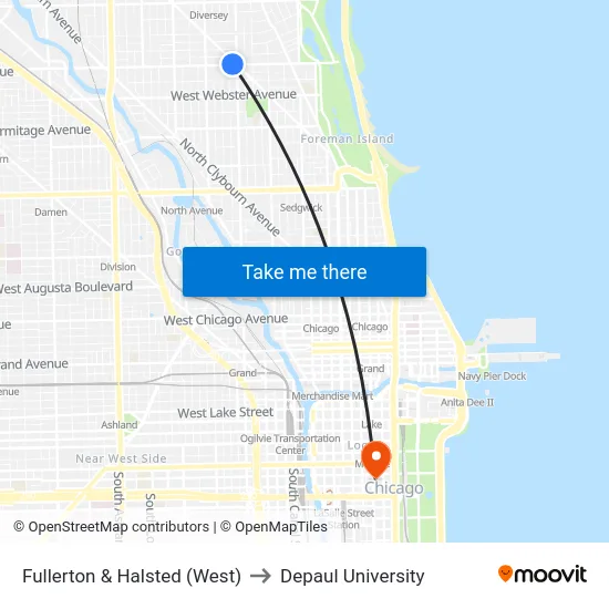 Fullerton & Halsted (West) to Depaul University map