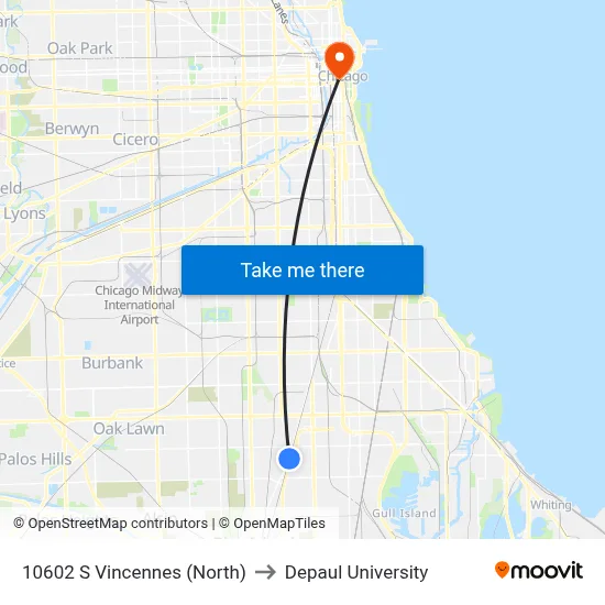 10602 S Vincennes (North) to Depaul University map