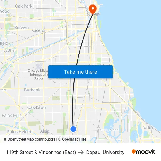 119th Street & Vincennes (East) to Depaul University map
