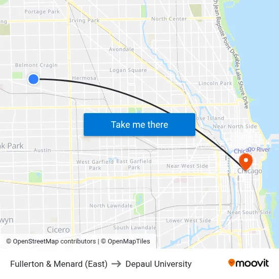 Fullerton & Menard (East) to Depaul University map