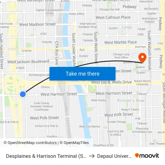 Desplaines & Harrison Terminal (South) to Depaul University map