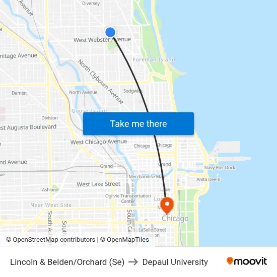 Lincoln & Belden/Orchard (Se) to Depaul University map