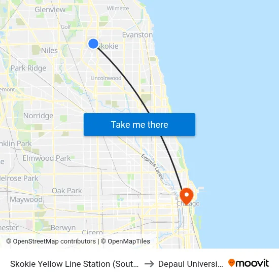 Skokie Yellow Line Station (South) to Depaul University map