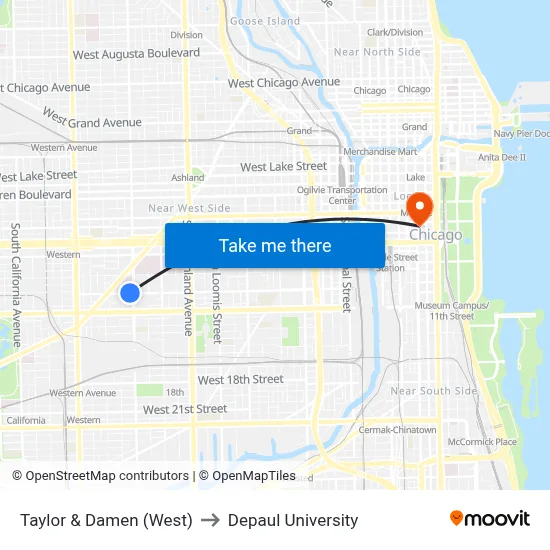 Taylor & Damen (West) to Depaul University map