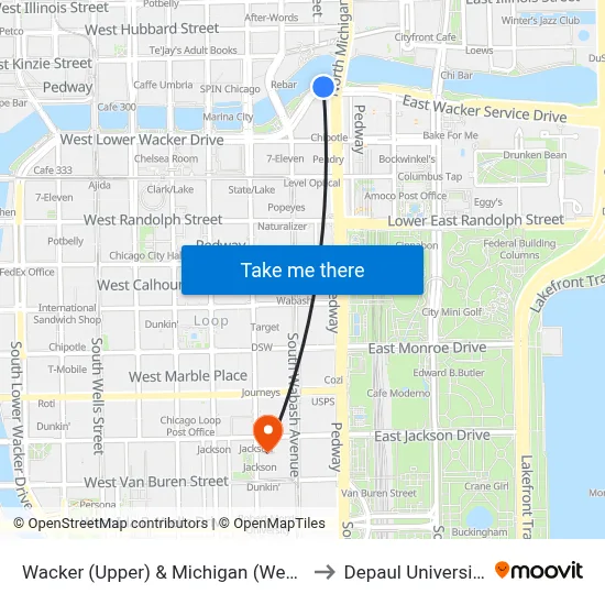 Wacker (Upper) & Michigan (West) to Depaul University map