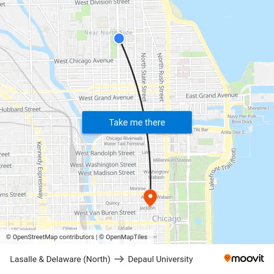 Lasalle & Delaware (North) to Depaul University map