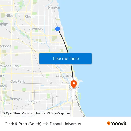 Clark & Pratt (South) to Depaul University map