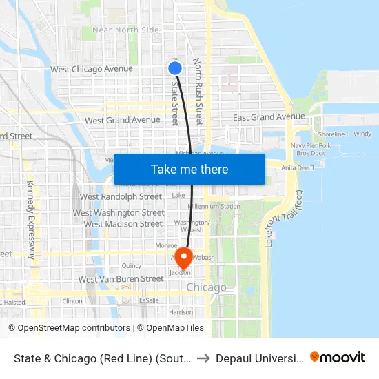 State & Chicago (Red Line) (South) to Depaul University map