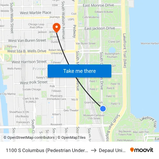 1100 S Columbus (Pedestrian Underpass) (North) to Depaul University map