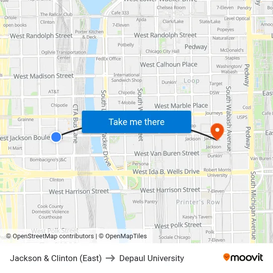 Jackson & Clinton (East) to Depaul University map